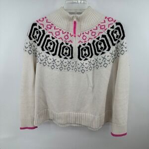 T by Talbots Womens LP White Pink Fair Isle Quarter Zip Thermolite Wool Sweater